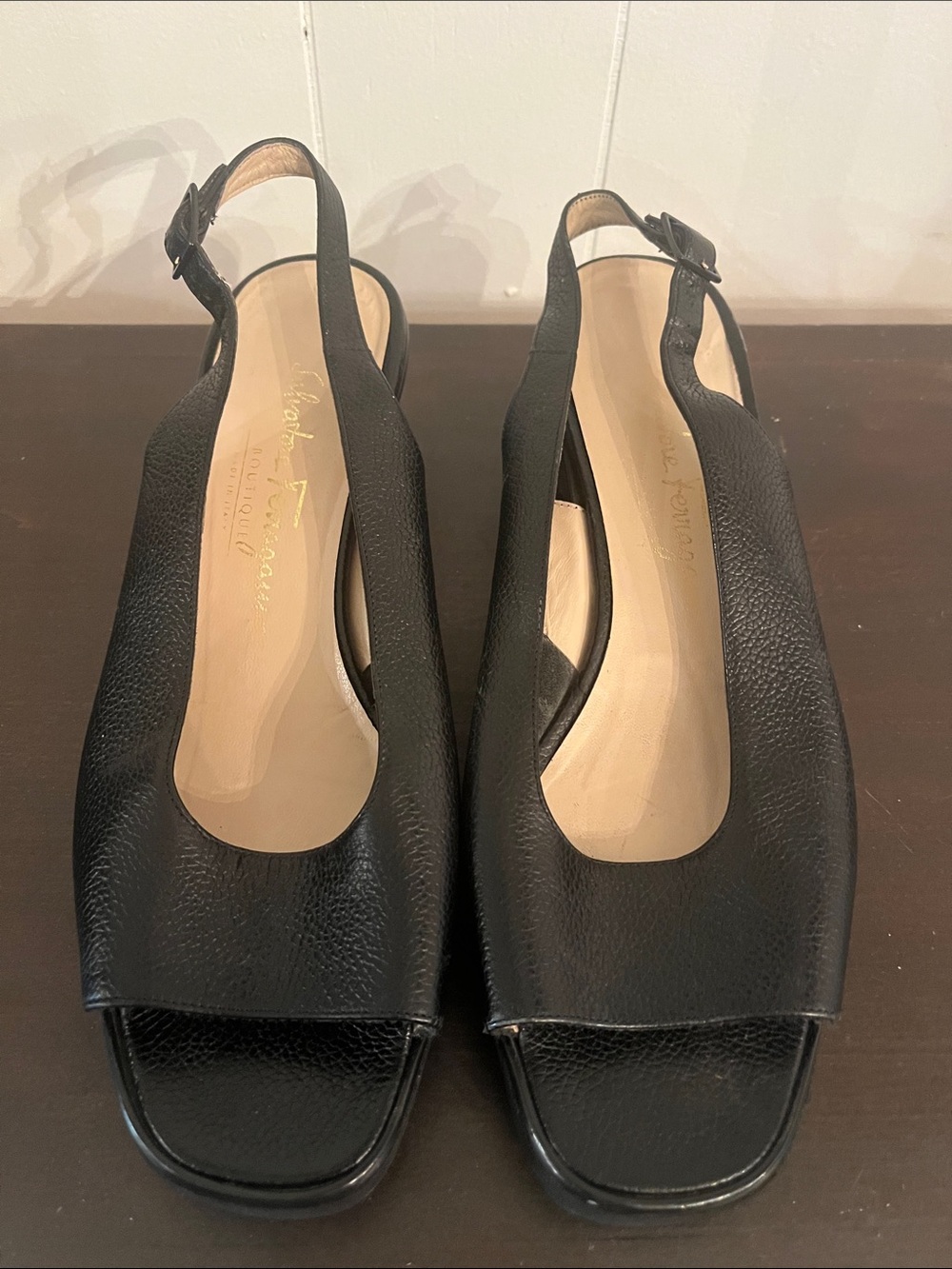Salvatore Ferragamo Black Leather Peep-Toe Slingback Mules with Square Toe